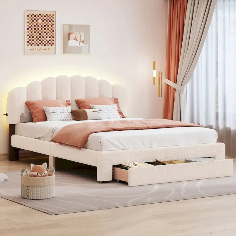 Lit plateforme tapissé de taille Queen avec tiroir