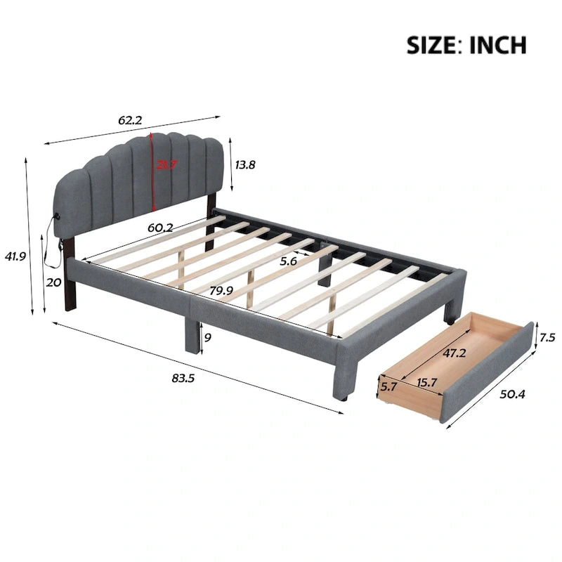 Lit plateforme tapissé de taille Queen avec tiroir