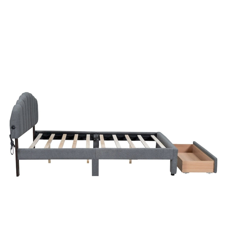 Lit plateforme tapissé de taille Queen avec tiroir