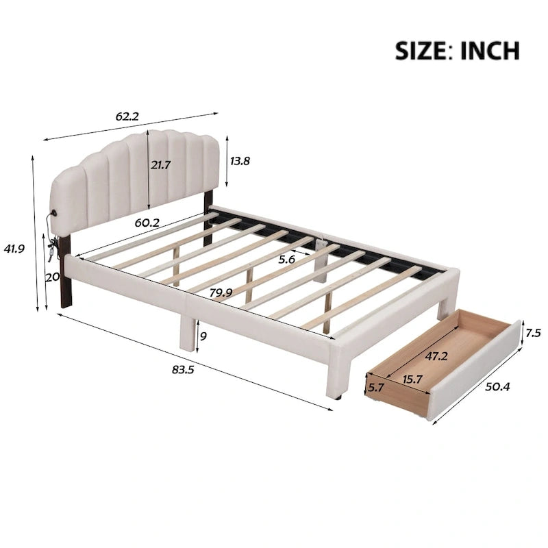 Lit plateforme tapissé de taille Queen avec tiroir