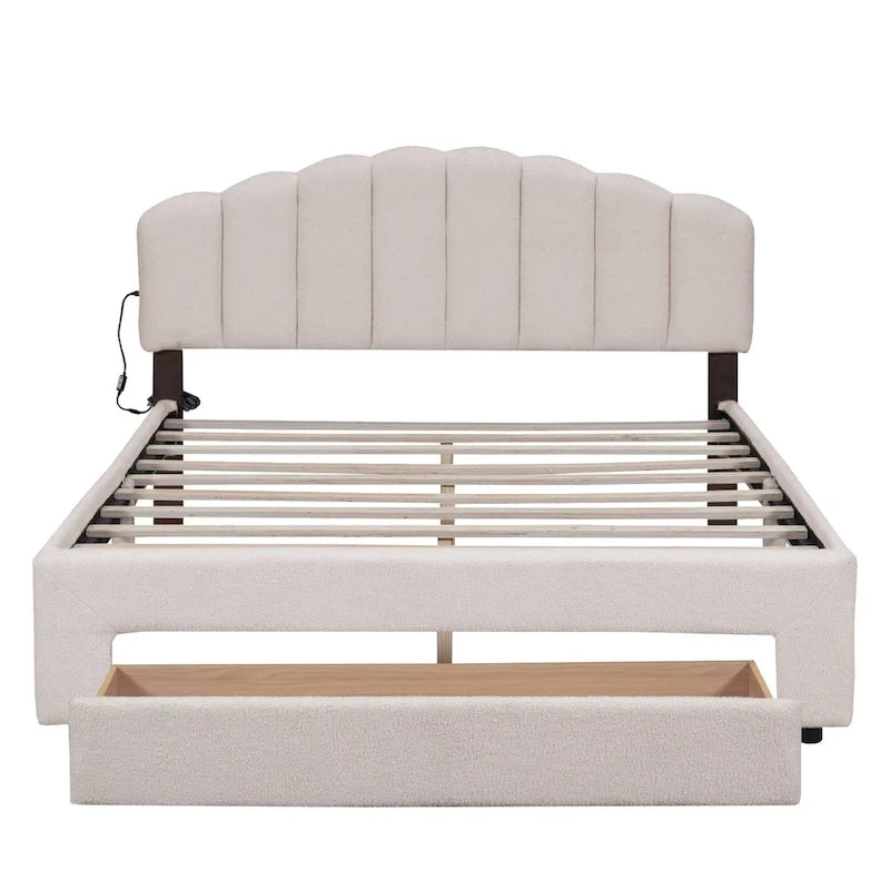 Lit plateforme tapissé de taille Queen avec tiroir