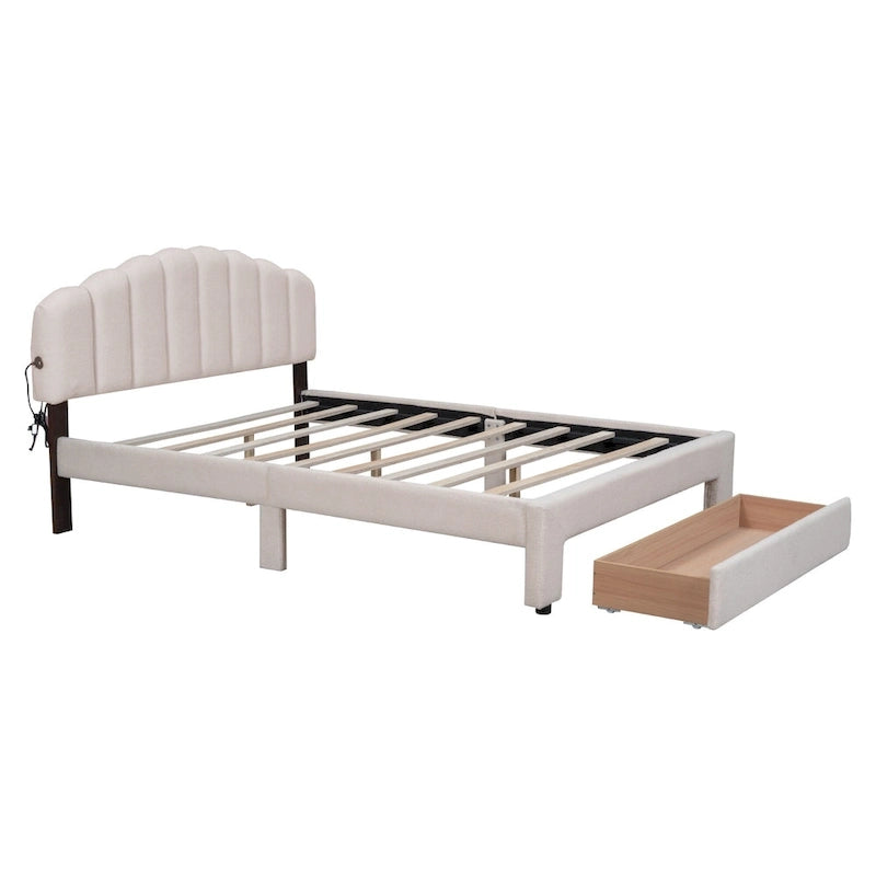 Lit plateforme tapissé de taille Queen avec tiroir