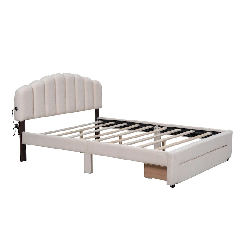 Lit plateforme tapissé de taille Queen avec tiroir