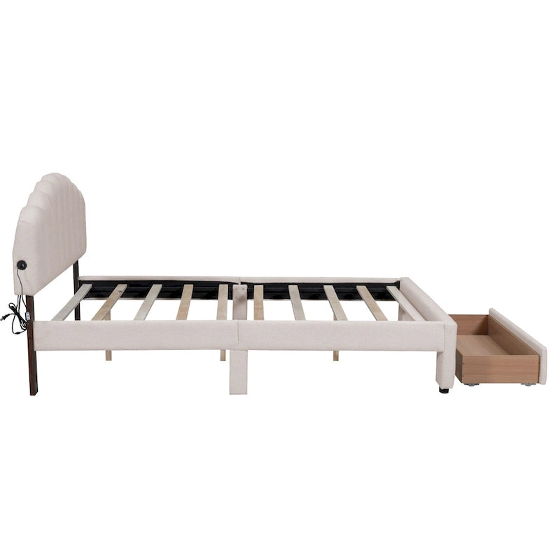 Lit plateforme tapissé de taille Queen avec tiroir