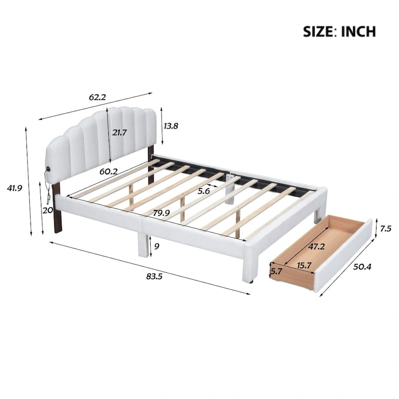 Lit plateforme tapissé de taille Queen avec tiroir