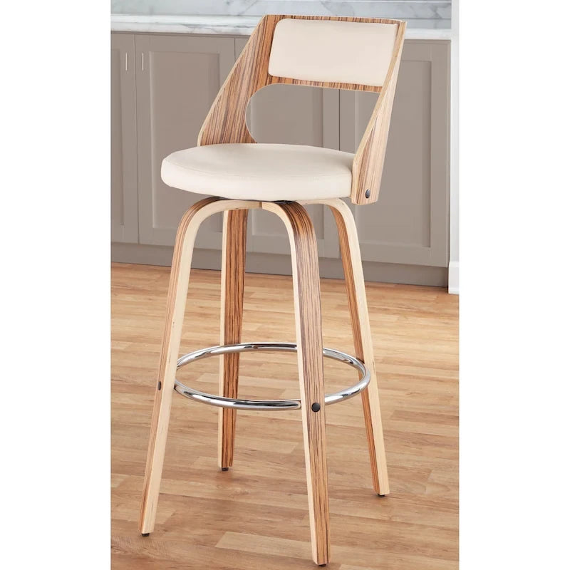 Tabouret de bar à hauteur fixe avec pieds en bois courbé et repose-pieds rond
