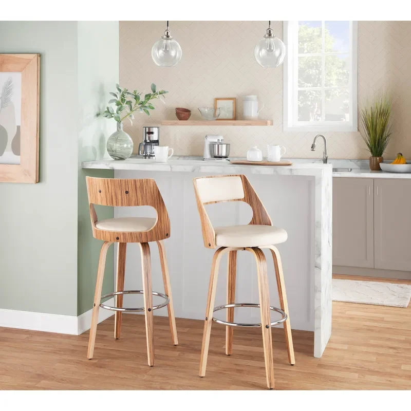 Tabouret de bar à hauteur fixe avec pieds en bois courbé et repose-pieds rond