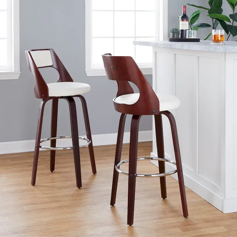Tabouret de bar à hauteur fixe avec pieds en bois courbé et repose-pieds rond