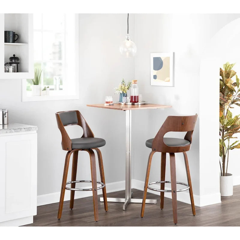 Tabouret de bar à hauteur fixe avec pieds en bois courbé et repose-pieds rond