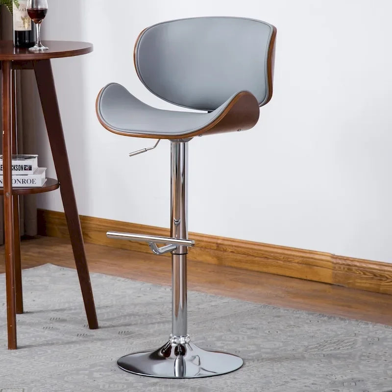 Tabouret de bar moderne pivotant en noyer, bois courbé et réglable en hauteur