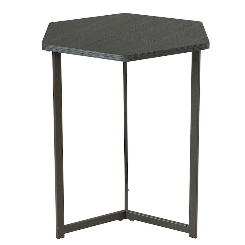 Table d'appoint hexagonale avec plateau en bois foncé et base en métal