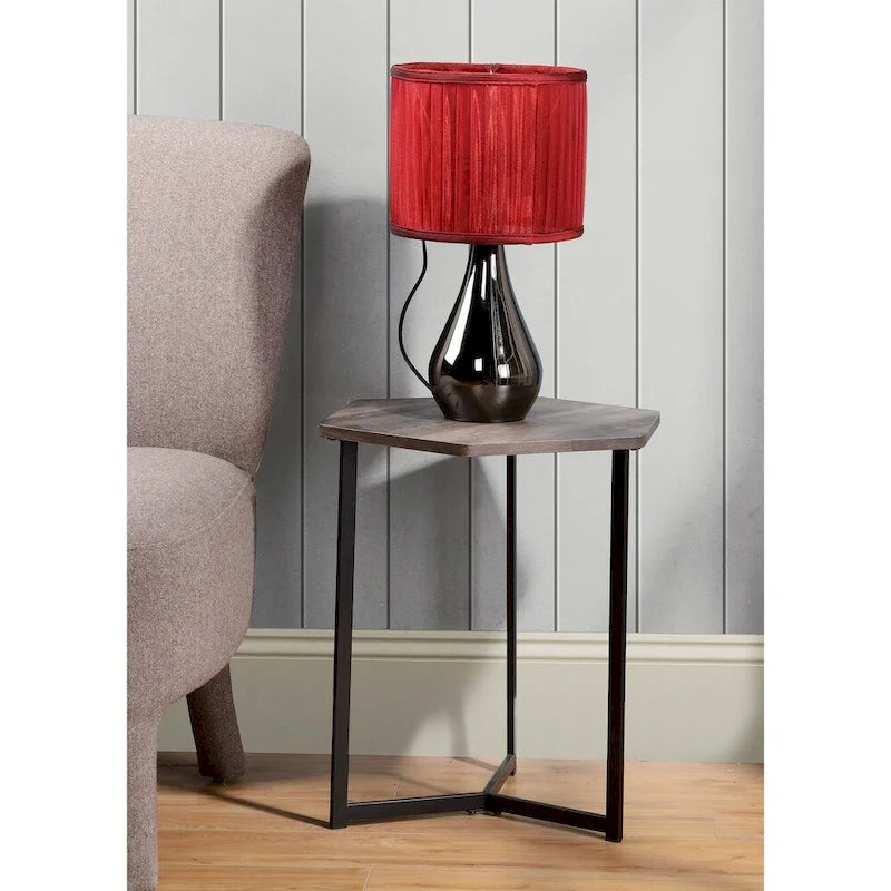 Table d'appoint hexagonale avec plateau en bois foncé et base en métal