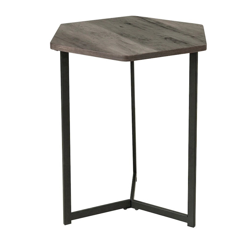 Table d'appoint hexagonale avec plateau en bois foncé et base en métal