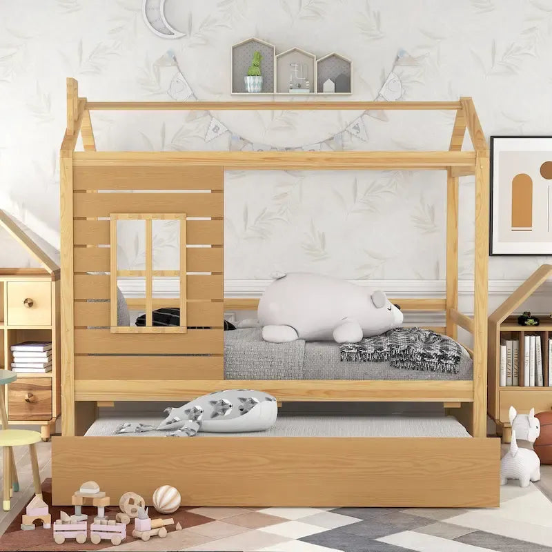 Lit maison en bois pour lit jumeau avec lit gigogne double Naturel