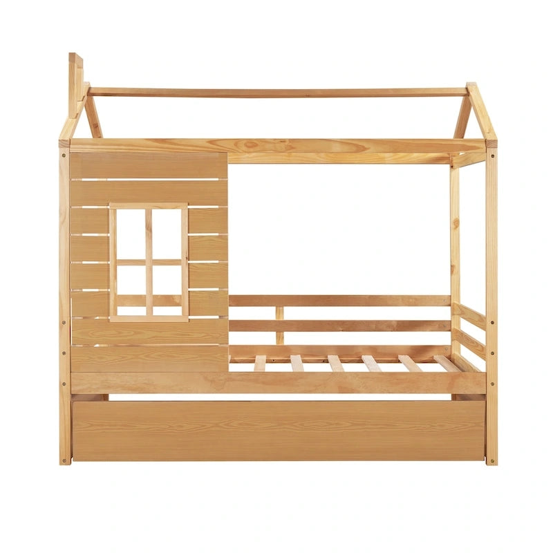 Lit maison en bois pour lit jumeau avec lit gigogne double Naturel