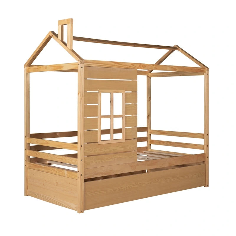 Lit maison en bois pour lit jumeau avec lit gigogne double Naturel