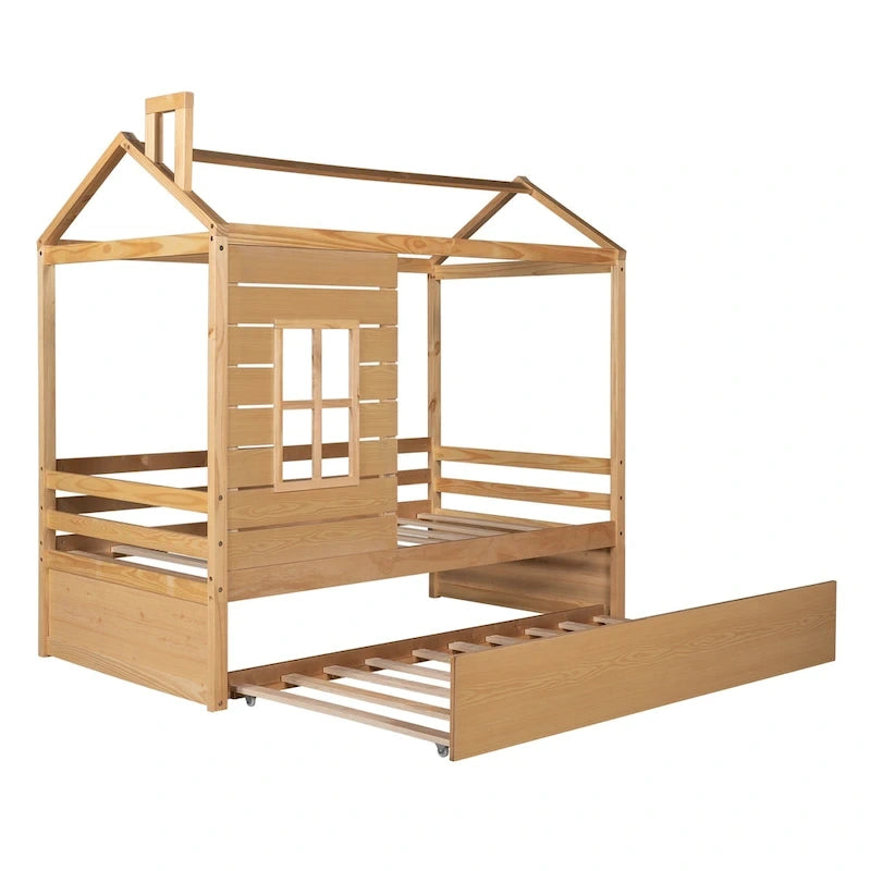 Lit maison en bois pour lit jumeau avec lit gigogne double Naturel