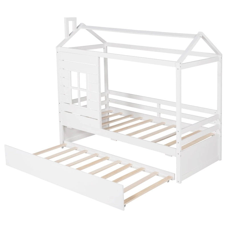 Lit maison en bois pour lit jumeau avec lit gigogne double Naturel