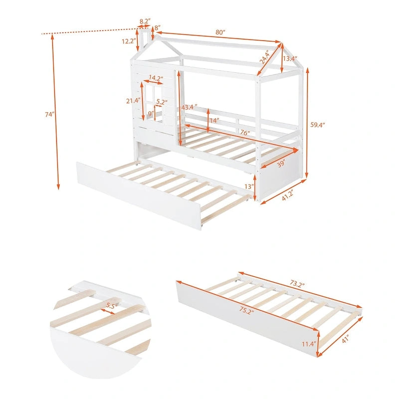 Lit maison en bois pour lit jumeau avec lit gigogne double Naturel