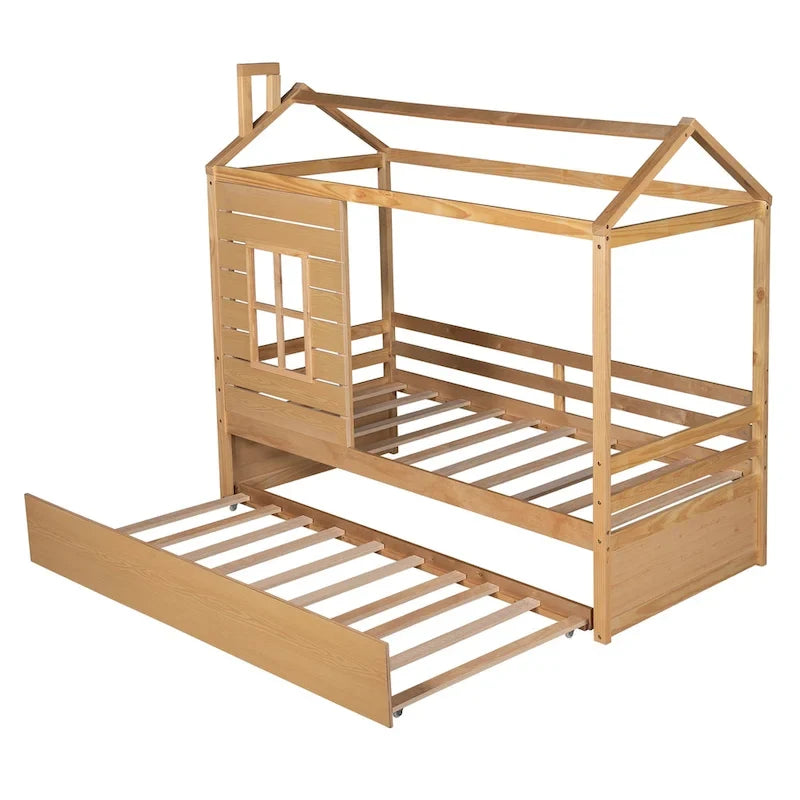 Lit maison en bois pour lit jumeau avec lit gigogne double Naturel