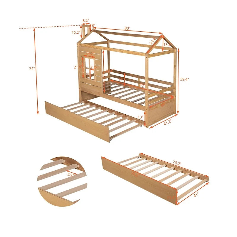 Lit maison en bois pour lit jumeau avec lit gigogne double Naturel
