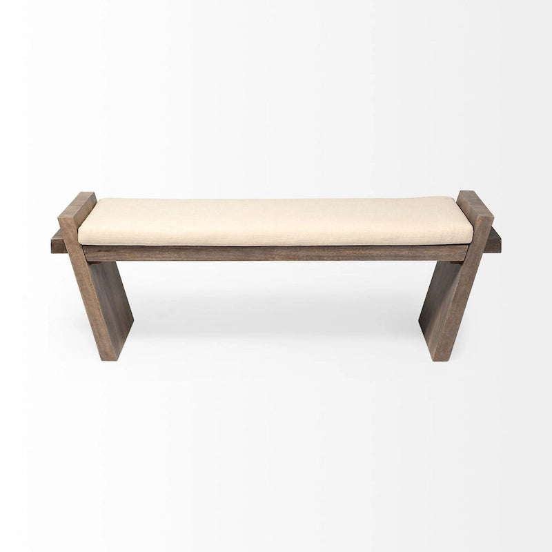 Banc d'entrée en bois marron avec assise en tissu crème