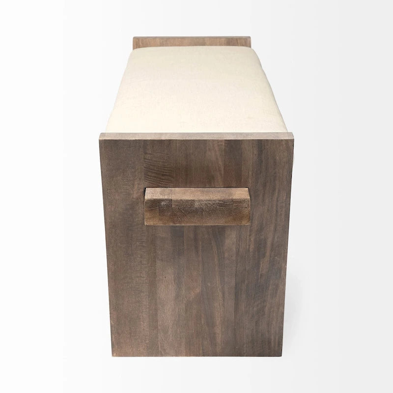 Banc d'entrée en bois marron avec assise en tissu crème