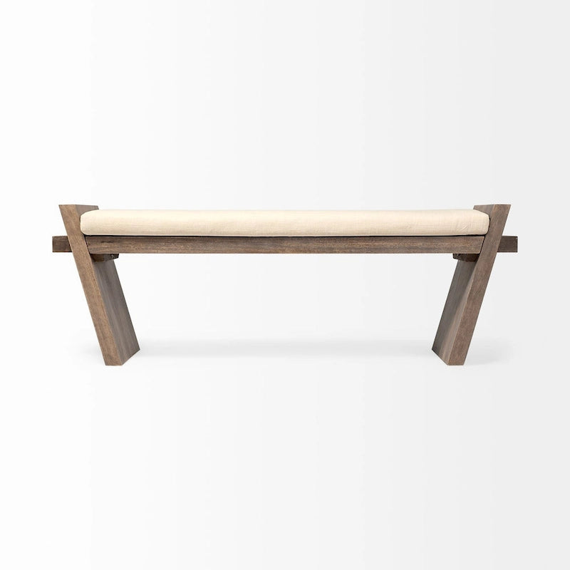 Banc d'entrée en bois marron avec assise en tissu crème