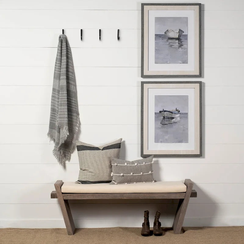 Banc d'entrée en bois marron avec assise en tissu crème