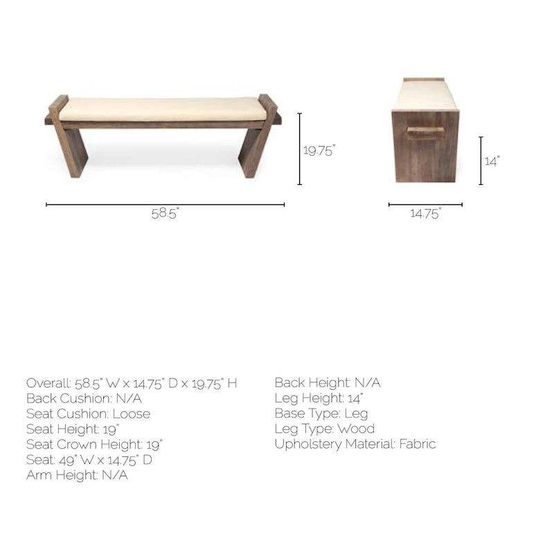 Banc d'entrée en bois marron avec assise en tissu crème