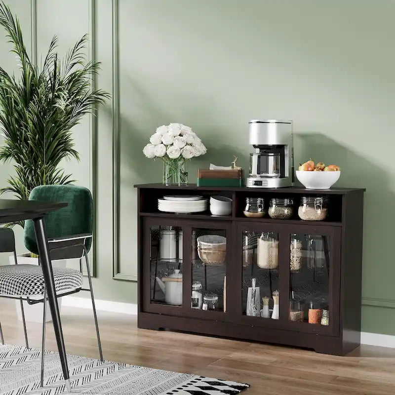 Bahut de cuisine moderne avec rangement, armoire de buffet, placard à portes coulissantes en verre