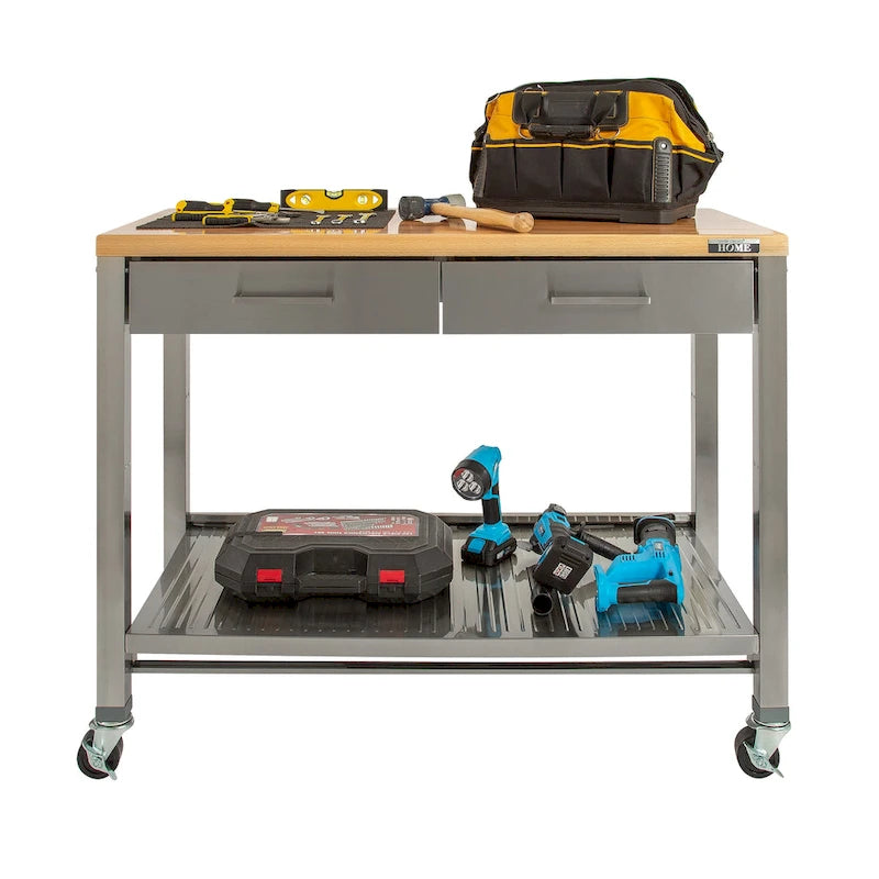 Îlot de cuisine roulant en acier inoxydable à 2 tiroirs