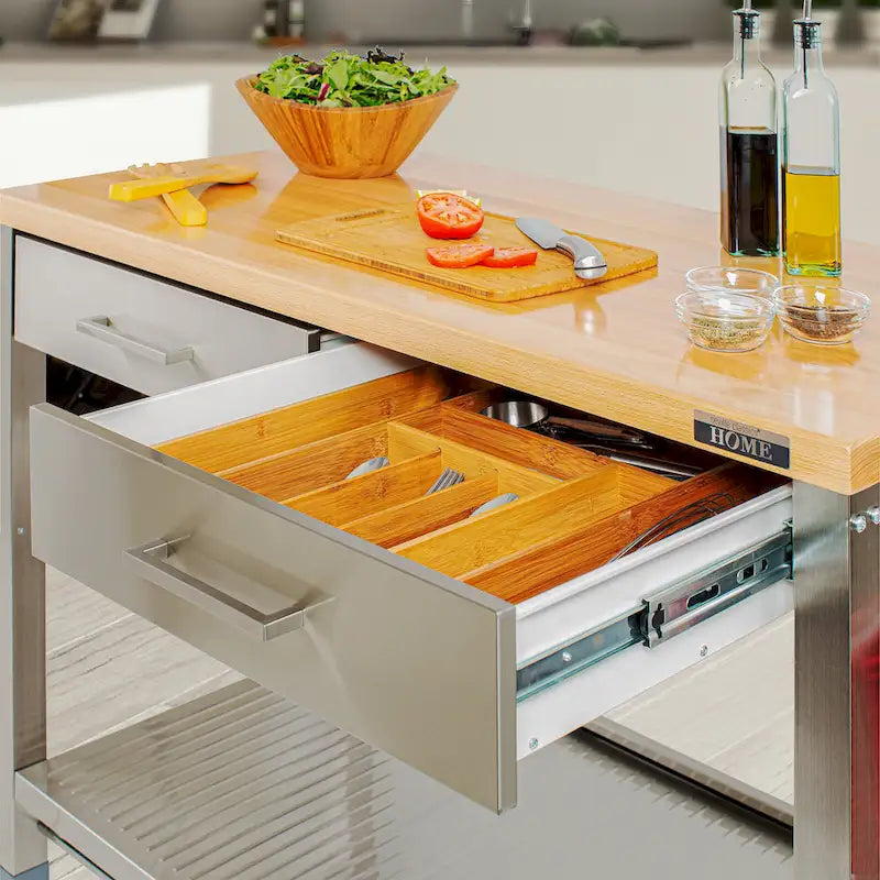Îlot de cuisine roulant en acier inoxydable à 2 tiroirs