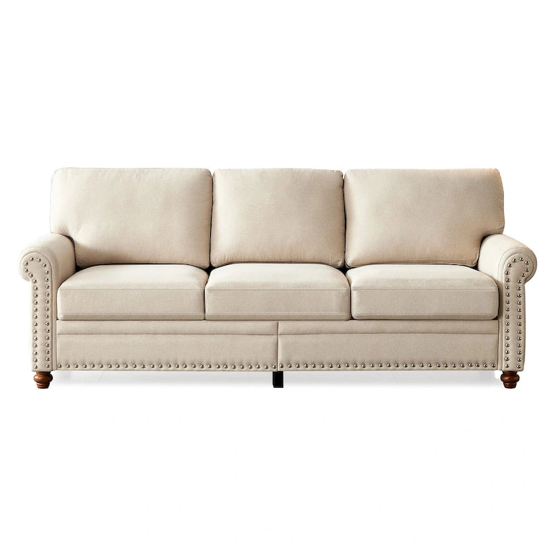 Causeuse de rangement en tissu de lin rembourré beige