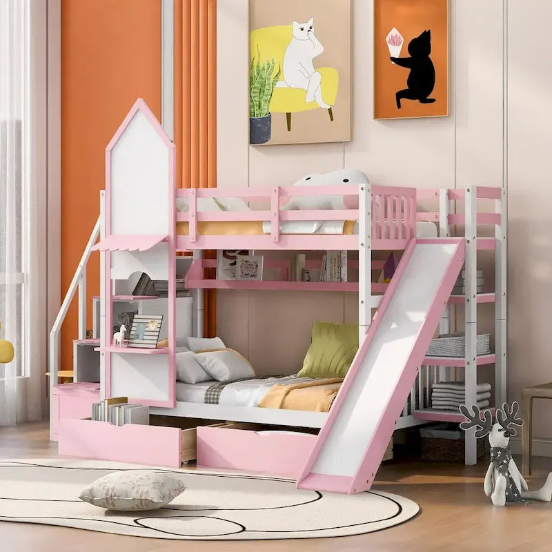 Lit superposé château, double sur double, avec tiroirs, étagères et toboggan