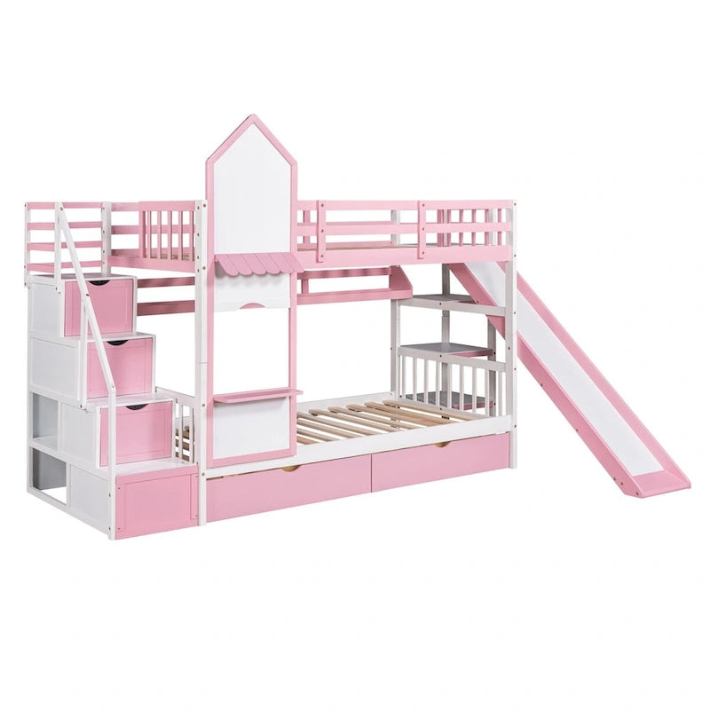 Lit superposé château, double sur double, avec tiroirs, étagères et toboggan