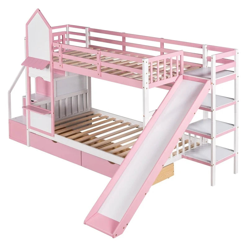 Lit superposé château, double sur double, avec tiroirs, étagères et toboggan