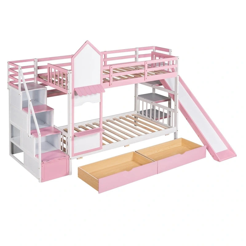 Lit superposé château, double sur double, avec tiroirs, étagères et toboggan