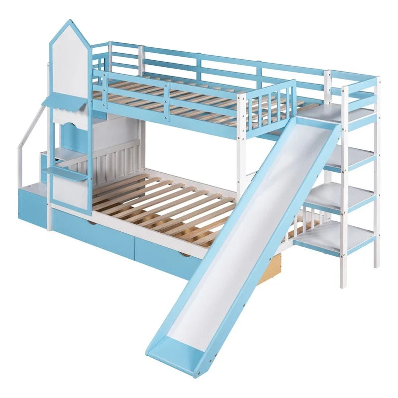 Lit superposé château, double sur double, avec tiroirs, étagères et toboggan