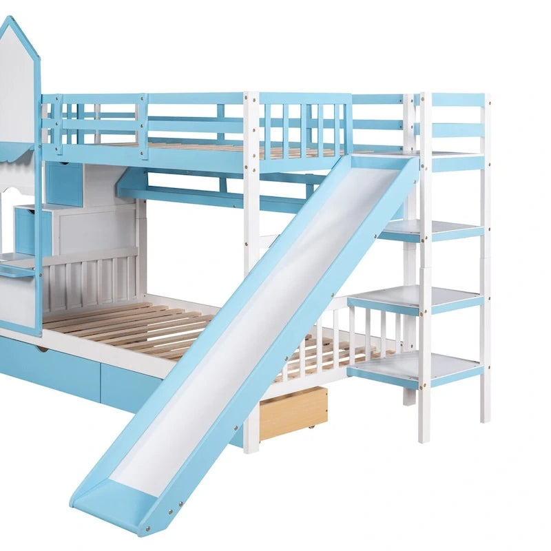 Lit superposé château, double sur double, avec tiroirs, étagères et toboggan