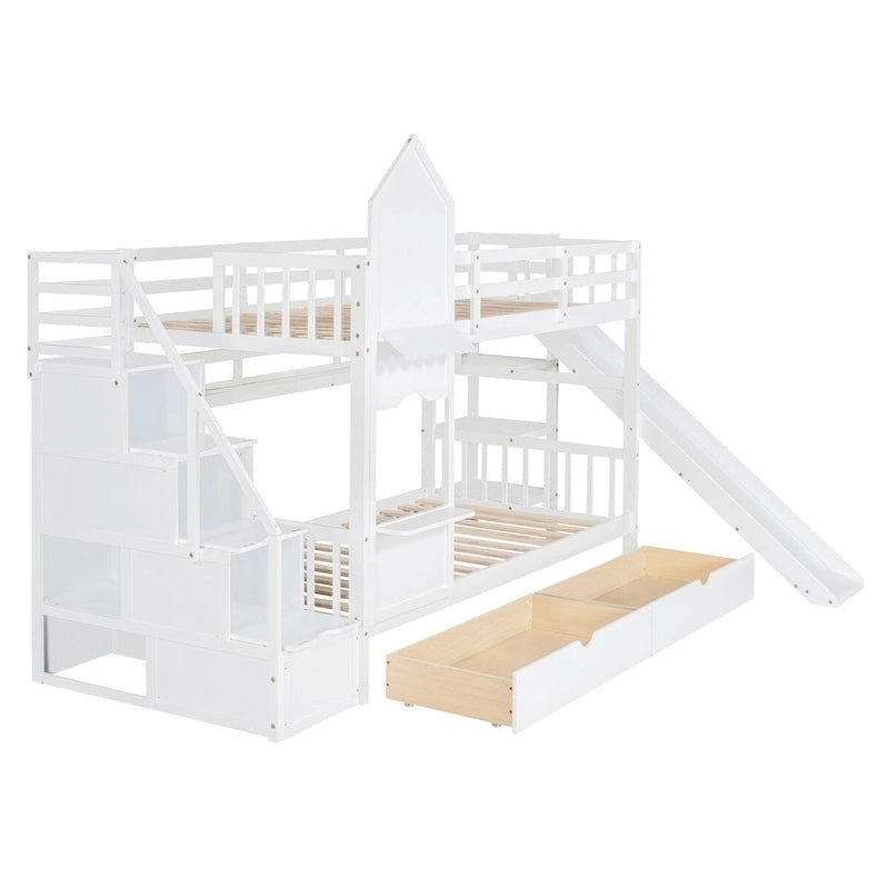 Lit superposé château, double sur double, avec tiroirs, étagères et toboggan
