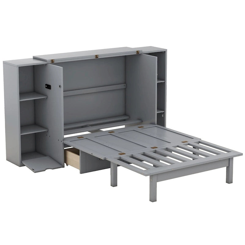 Lit escamotable Queen Size avec étagères, tiroirs et ports USB