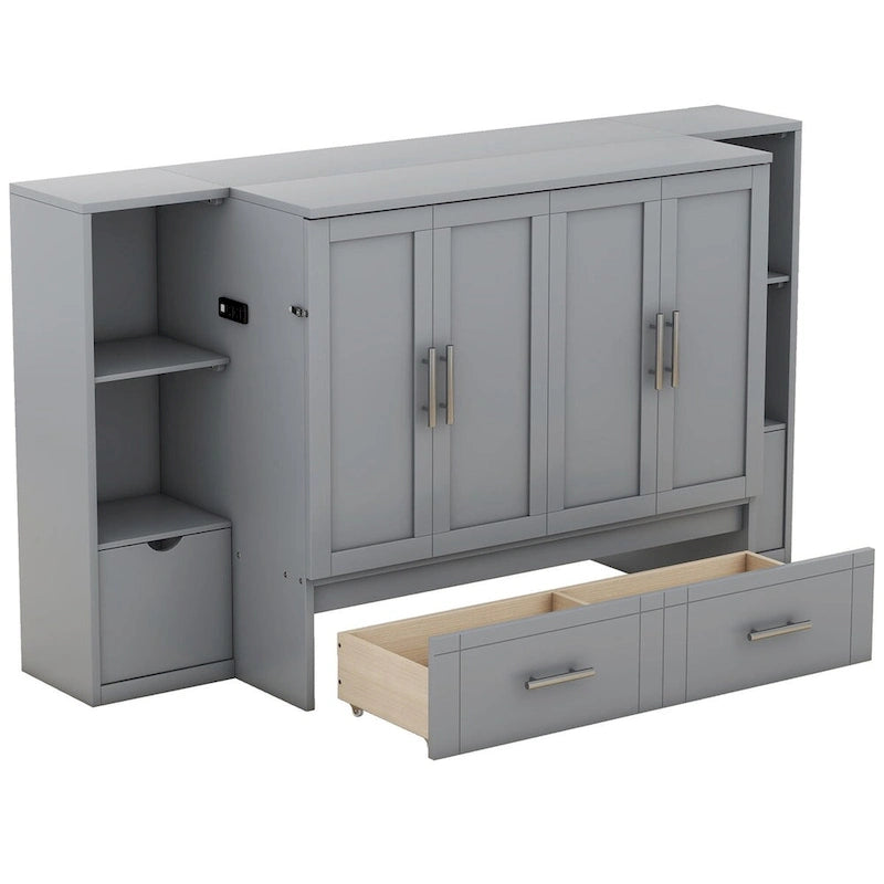 Lit escamotable Queen Size avec étagères, tiroirs et ports USB