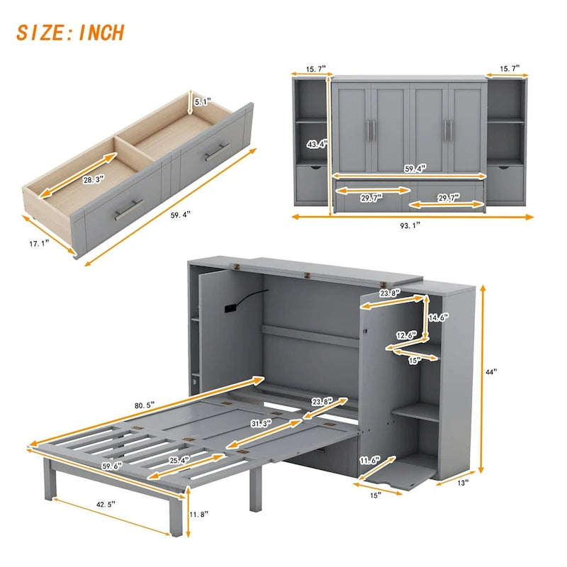 Lit escamotable Queen Size avec étagères, tiroirs et ports USB