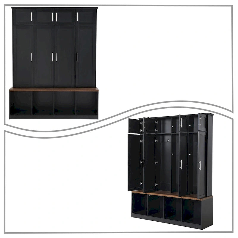 Meuble d'entrée haut en bois élégant avec 8 armoires et 4 compartiments de rangement ouverts
