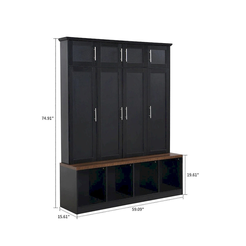 Meuble d'entrée haut en bois élégant avec 8 armoires et 4 compartiments de rangement ouverts