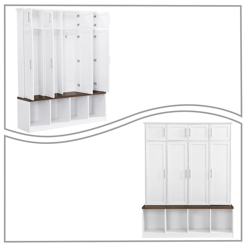 Meuble d'entrée haut en bois élégant avec 8 armoires et 4 compartiments de rangement ouverts