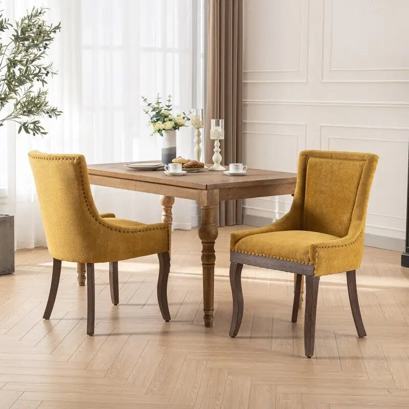 Chaises de salle à manger en tissu épais avec pieds en bois massif, clous décoratifs couleur bronze