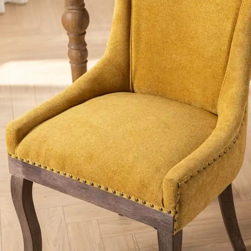 Chaises de salle à manger en tissu épais avec pieds en bois massif, clous décoratifs couleur bronze