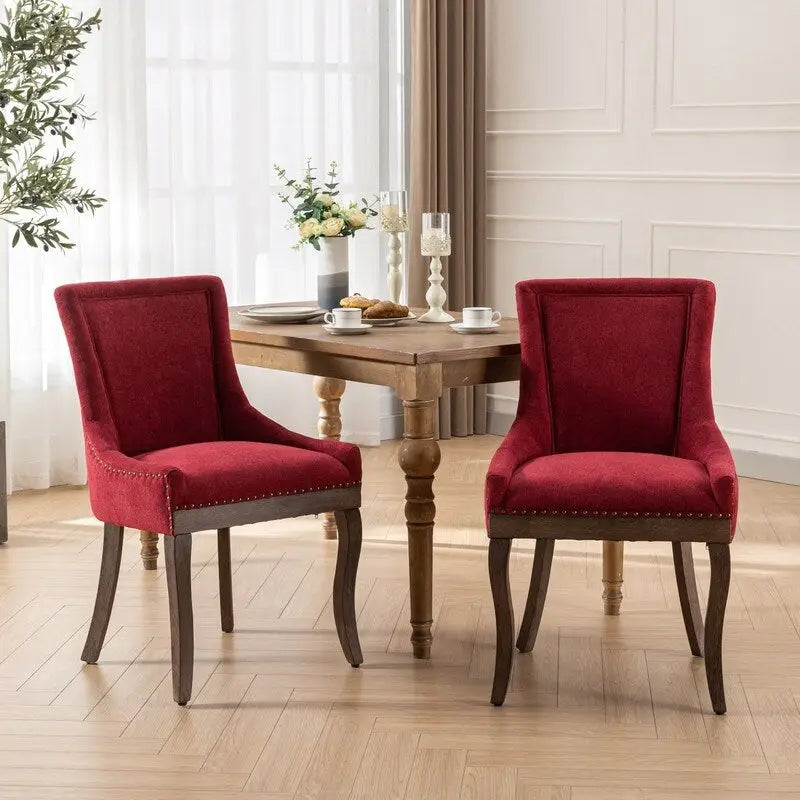 Chaises de salle à manger en tissu épais avec pieds en bois massif, clous décoratifs couleur bronze